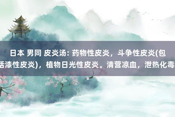 日本 男同 皮炎汤: 药物性皮炎，斗争性皮炎(包括漆性皮炎)，植物日光性皮炎。清营凉血，泄热化毒。